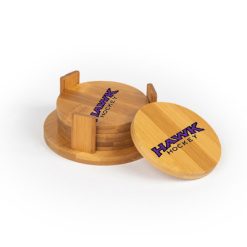 Hawk Hockey Round Bamboo Coaster Set of 4 with holder